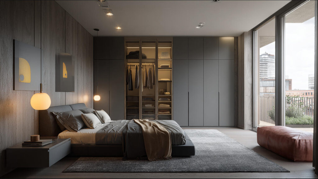 Top Custom Furniture Trends in Indonesia 3 PA HOME full-height built-in wardrobes extending to the ceiling, featuring flat-panel doors and concealed storage zones for a clean, architectural bedroom design.
