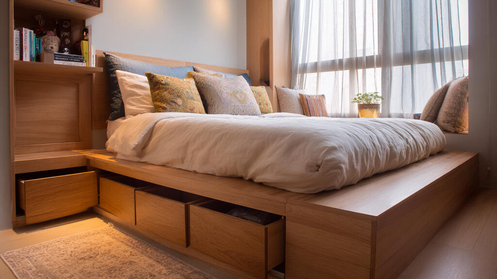 Top Custom Furniture Trends in Indonesia 4 PA HOME platform bed design featuring integrated drawer storage, maximizing bedroom storage while maintaining a calm and uncluttered modern look.