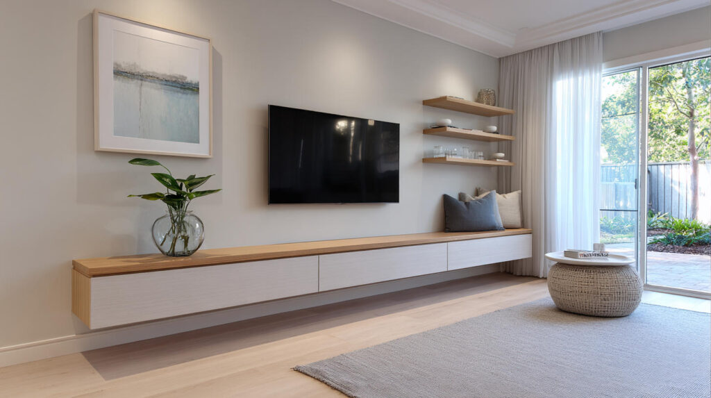 Top Custom Furniture Trends in Indonesia 6 PA HOME floating TV console with wall-mounted storage cabinets, creating a light and airy living room with easy-to-clean modern cabinetry.
