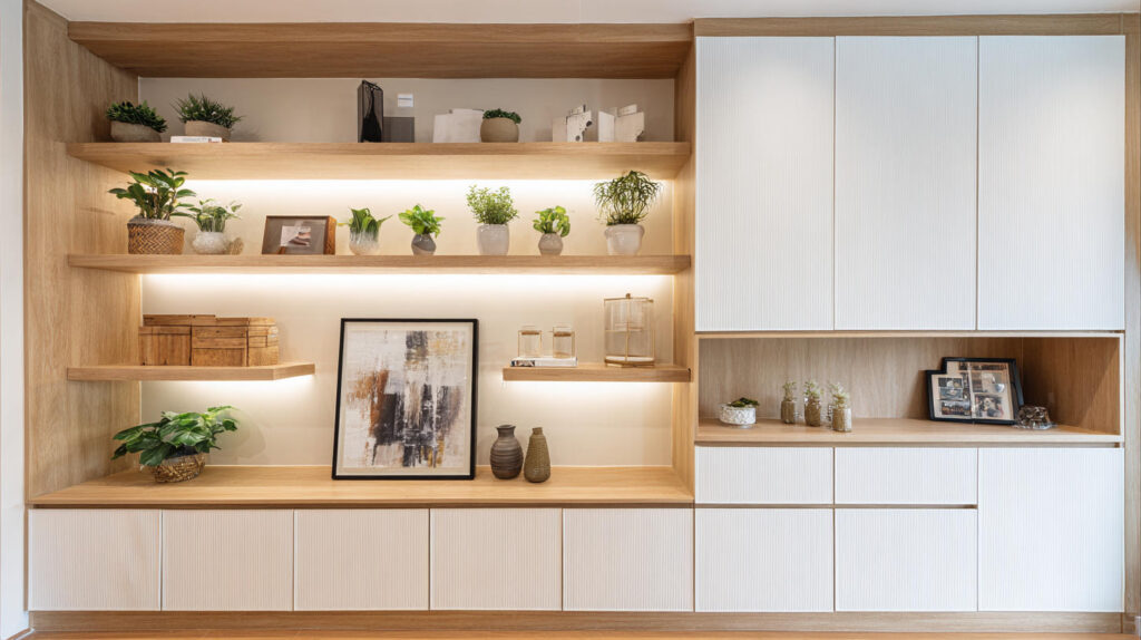 Top Custom Furniture Trends in Indonesia 8 PA HOME mixed open and closed cabinet system balancing display shelves and concealed storage for a clean, visually light home interior.