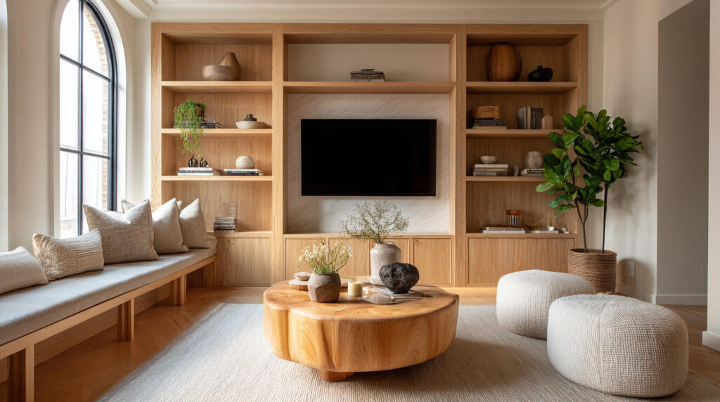 Top Custom Furniture Trends in Indonesia 9 PA HOME Japandi-style built-in cabinetry combining warm neutral tones, minimal detailing, and natural textures for a calm living space.