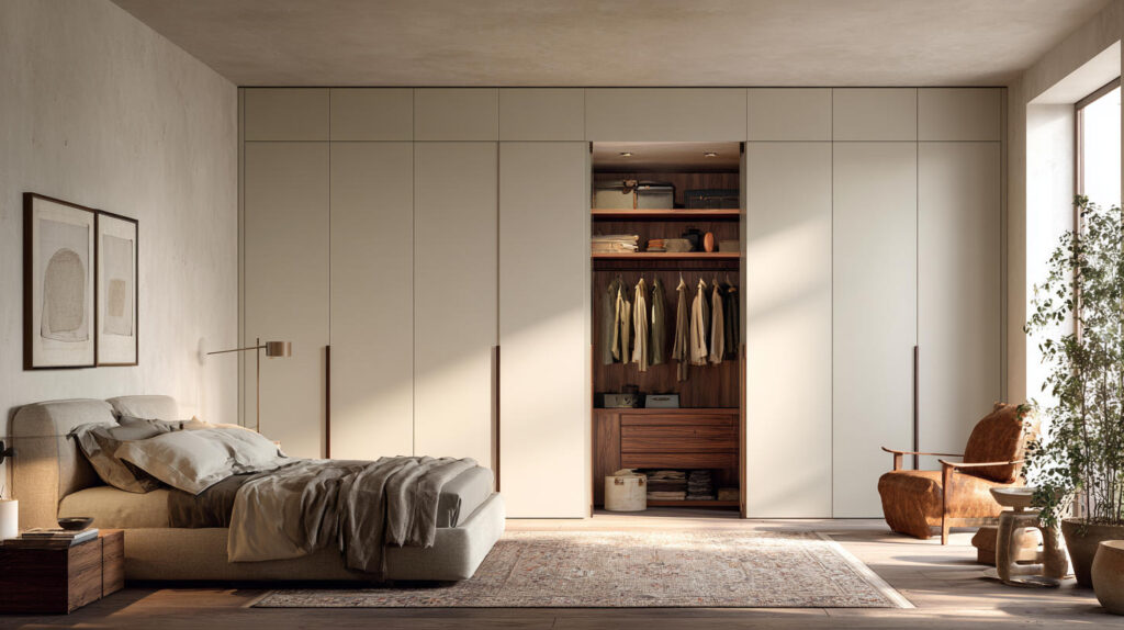 Top Custom Furniture Trends in Indonesia 10 PA HOME warm minimalist bedroom wardrobes with soft matte finishes and concealed storage, designed for a serene and timeless interior.