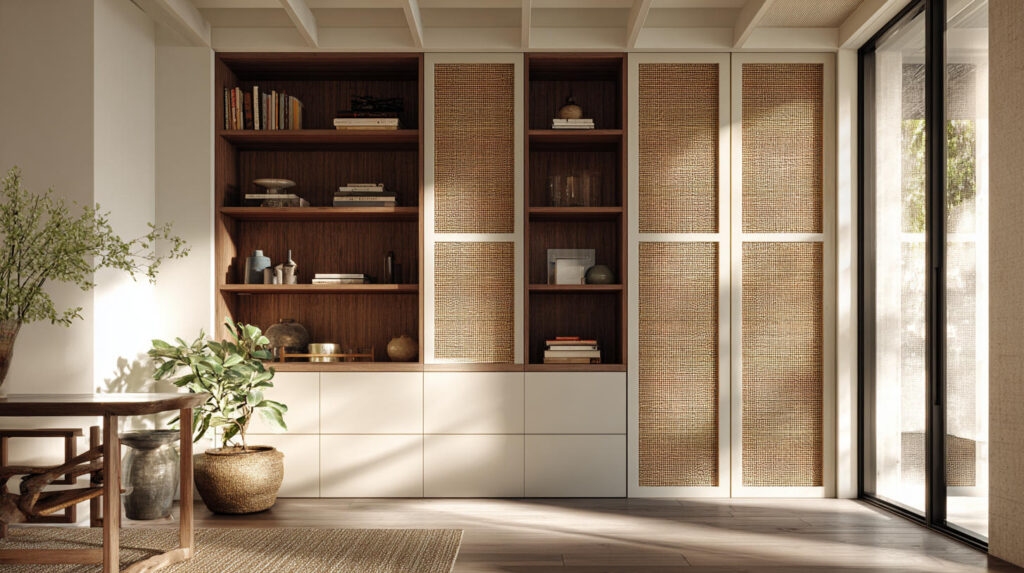 Top Custom Furniture Trends in Indonesia 11 PA HOME custom cabinets with rattan or woven panel inserts, blending modern cabinetry frames with warm natural textures.