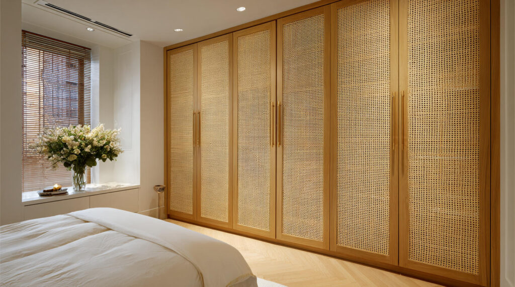 Top Custom Furniture Trends in Indonesia 12 PA HOME wardrobe design featuring cane or woven door inserts, adding subtle texture while maintaining a modern and balanced bedroom look.
