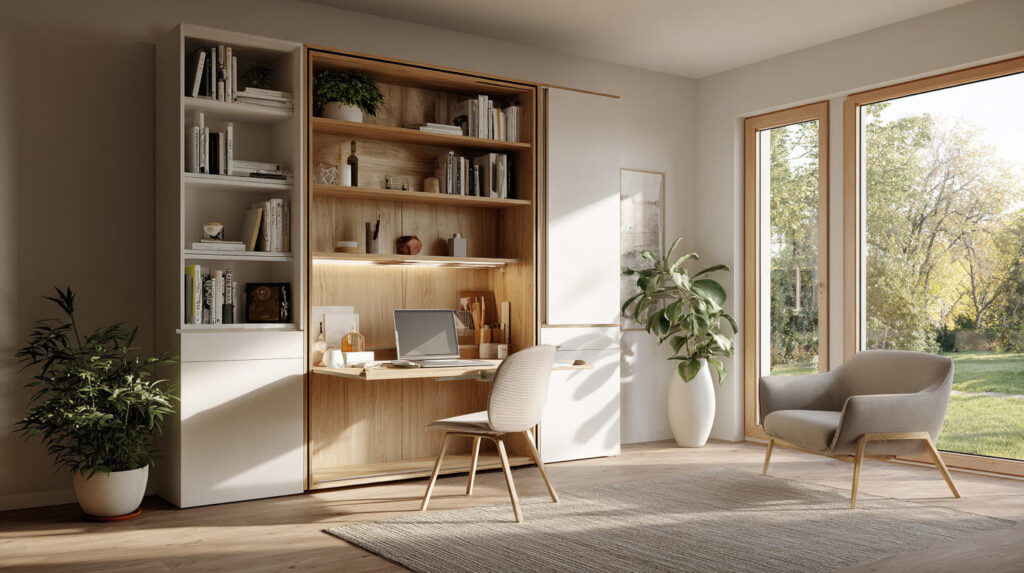 Top Custom Furniture Trends in Indonesia 14 PA HOME fold-down desk integrated into built-in cabinetry, creating a flexible home office solution for small and hybrid living spaces.