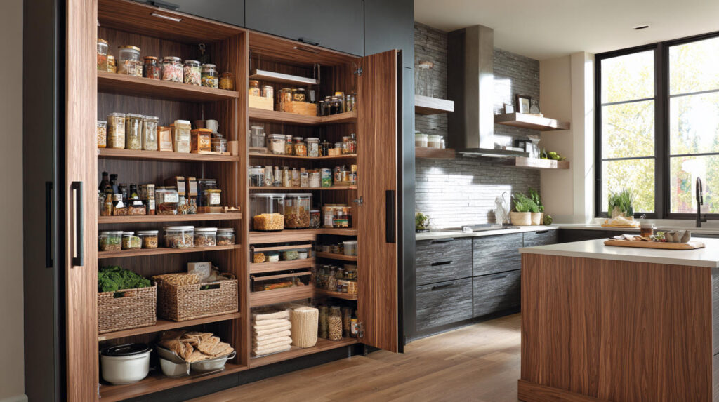 Top Custom Furniture Trends in Indonesia 16 PA HOME full-height pantry cabinets with pull-out storage systems, designed for efficient organization and clutter-free kitchens.