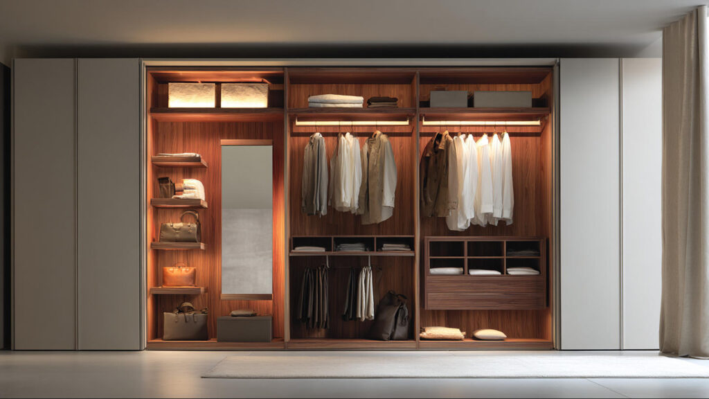 Top Custom Furniture Trends in Indonesia 19 PA HOME wardrobe system with integrated lighting and a pull-out mirror, combining premium functionality with a clean modern design.