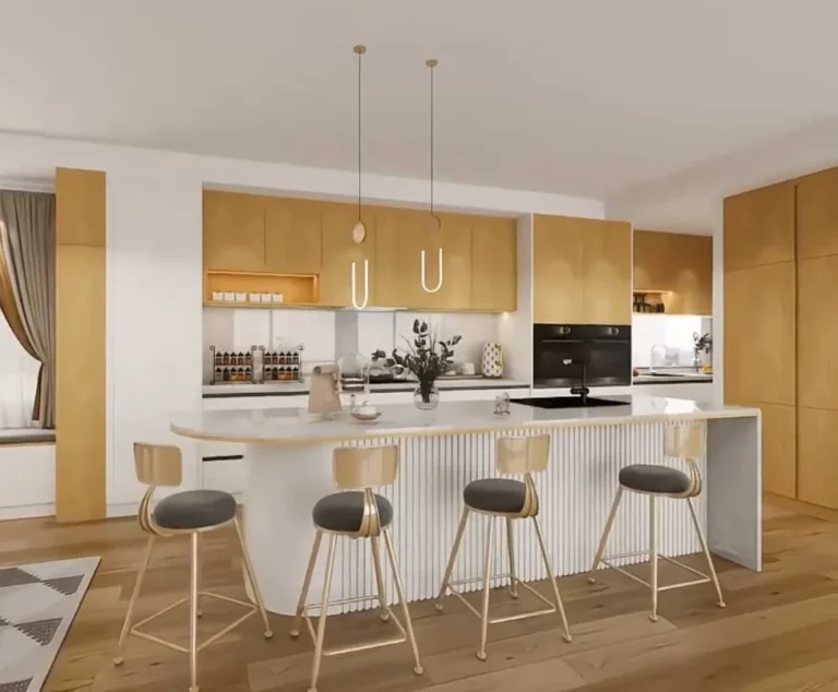 White and Light Wood Tone Kitchen Cabinet with Island