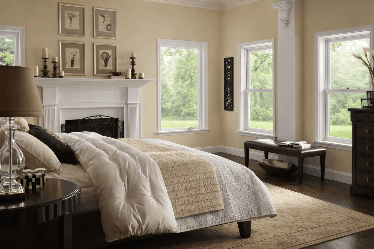 Hung windows 2 A classic bedroom interior featuring white single hung windows that bring in natural daylight, highlighting traditional trim details, soft wall colors, and a cozy residential atmosphere.