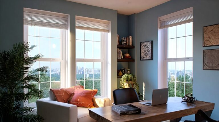 A bright home office interior featuring white single hung windows that provide abundant natural daylight, clean grid lines, and a comfortable workspace with outdoor city views.