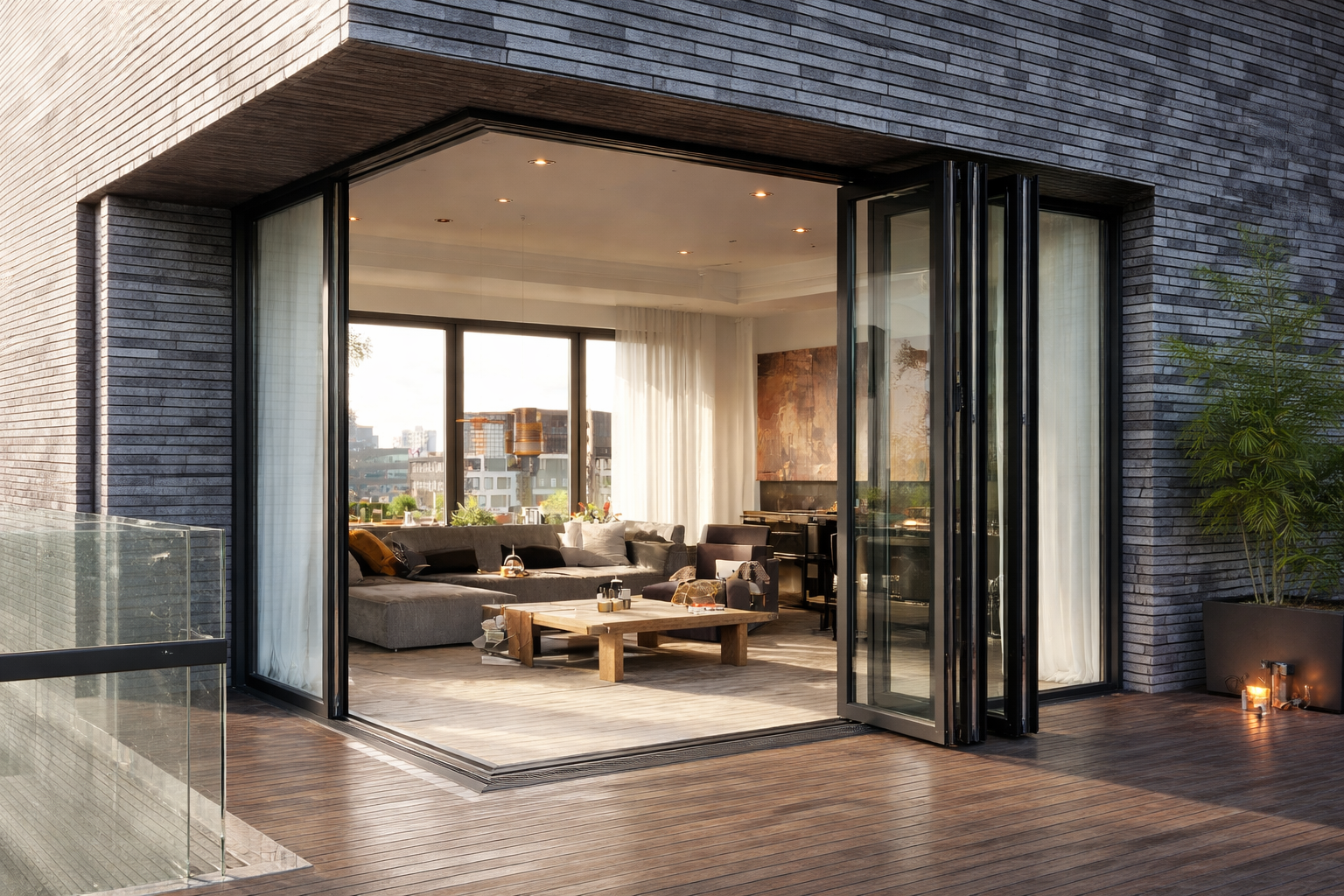 folding doors 3 Luxury living room with large open aluminium folding door for an expansive view.