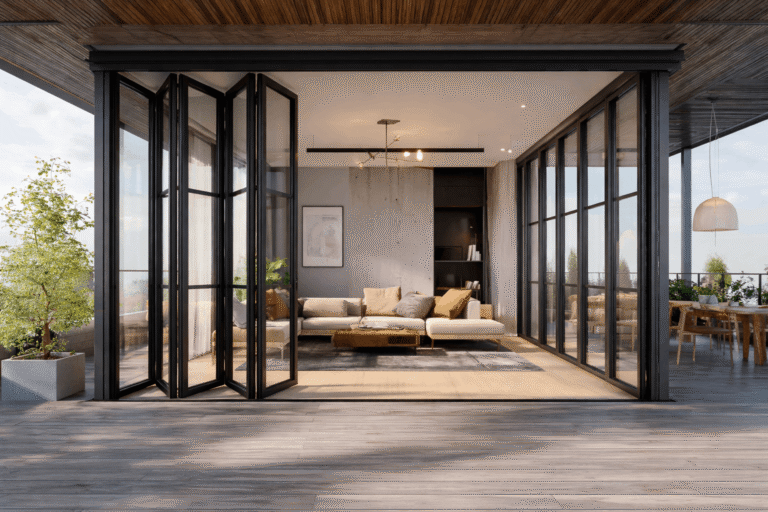 Eight-panel folding glass door system designed for large openings.