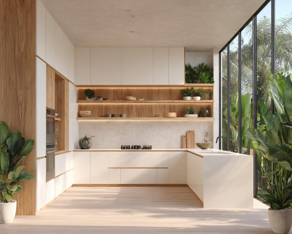 Kabinet dapur putih matte dengan aksen kayu jati alami di rumah tropis modern Indonesia, desain dapur vila minimalis yang hangat.