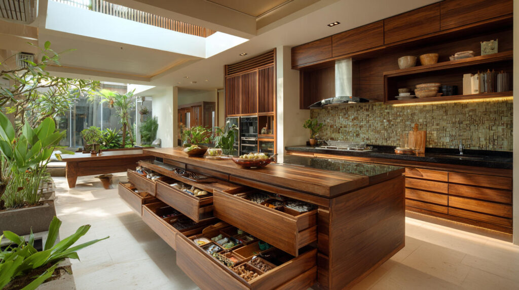 Pulau dapur modern dengan laci penyimpanan multifungsi dan rak tarik, desain organisasi kabinet dapur cerdas dari PA HOME.