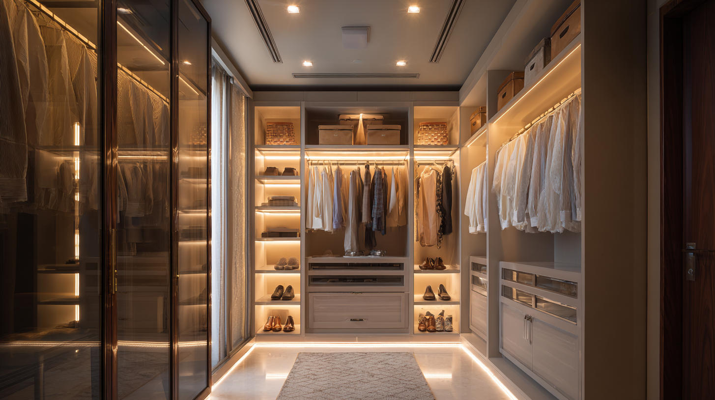 10 Perusahaan Lemari Custom Terbaik di Depok Jawa Barat 2026 1 Built-in wardrobe cabinets with integrated LED interior lighting and illuminated shelves creating a premium closet design by PA HOME.
