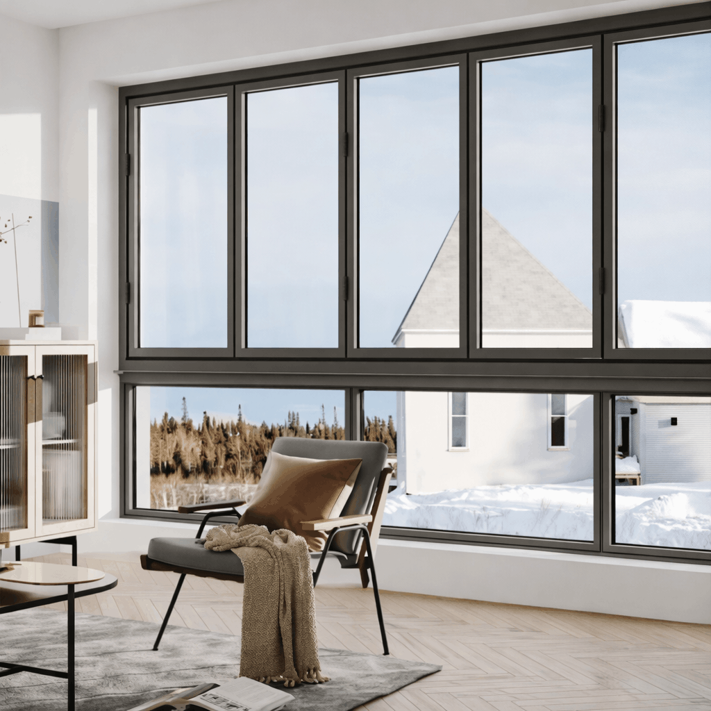 folding windows 2 Modern aluminum folding glass windows installed in a contemporary living room, featuring slim dark frames, large glass panels, and expansive outdoor winter views that maximize natural light and enhance indoor-outdoor connection.