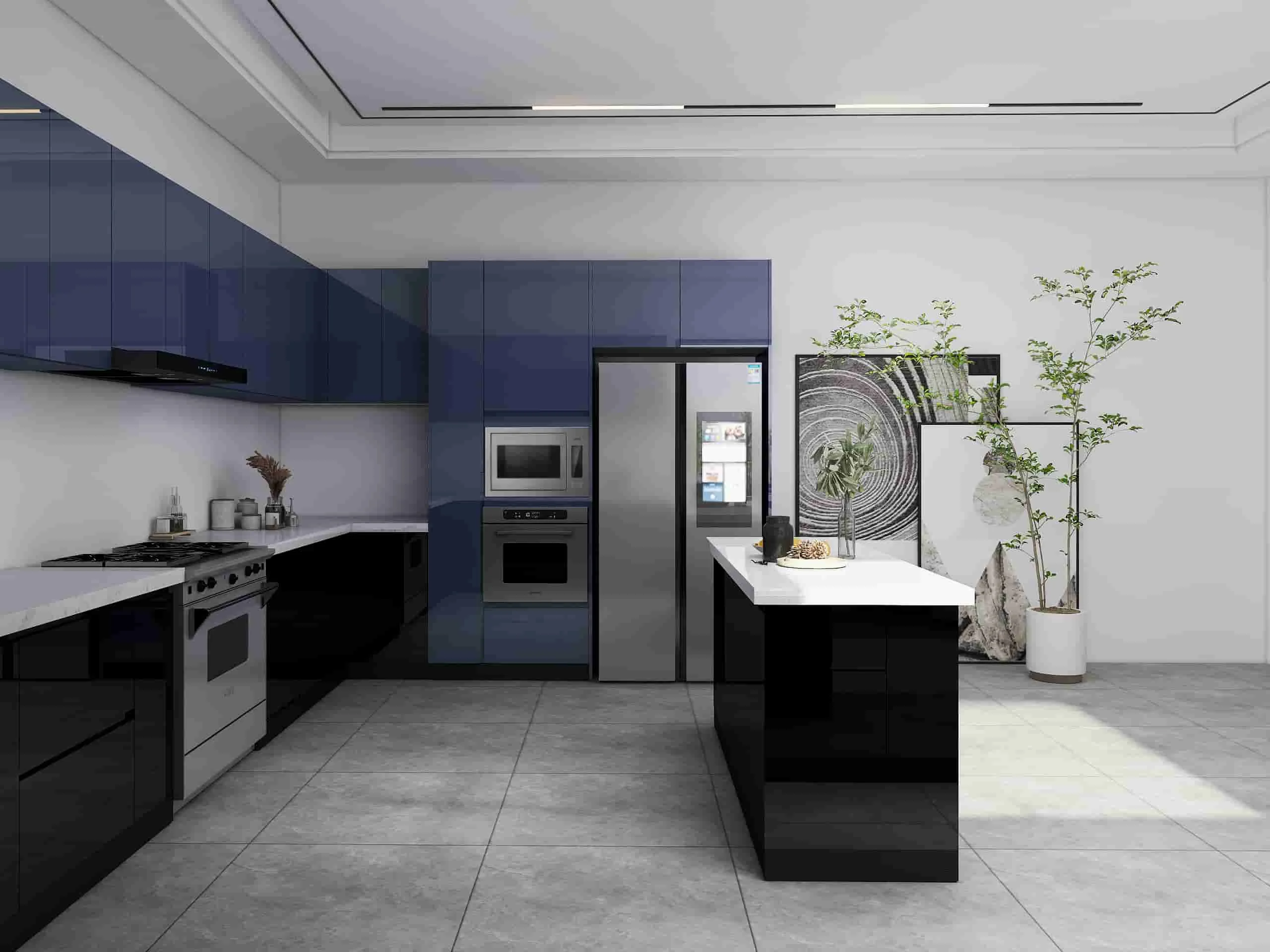 Elegance Reimagined: A Contemporary Kitchen Where Function Meets Style 2 Blue lacquer modern U-Shaped kitchen cabinets