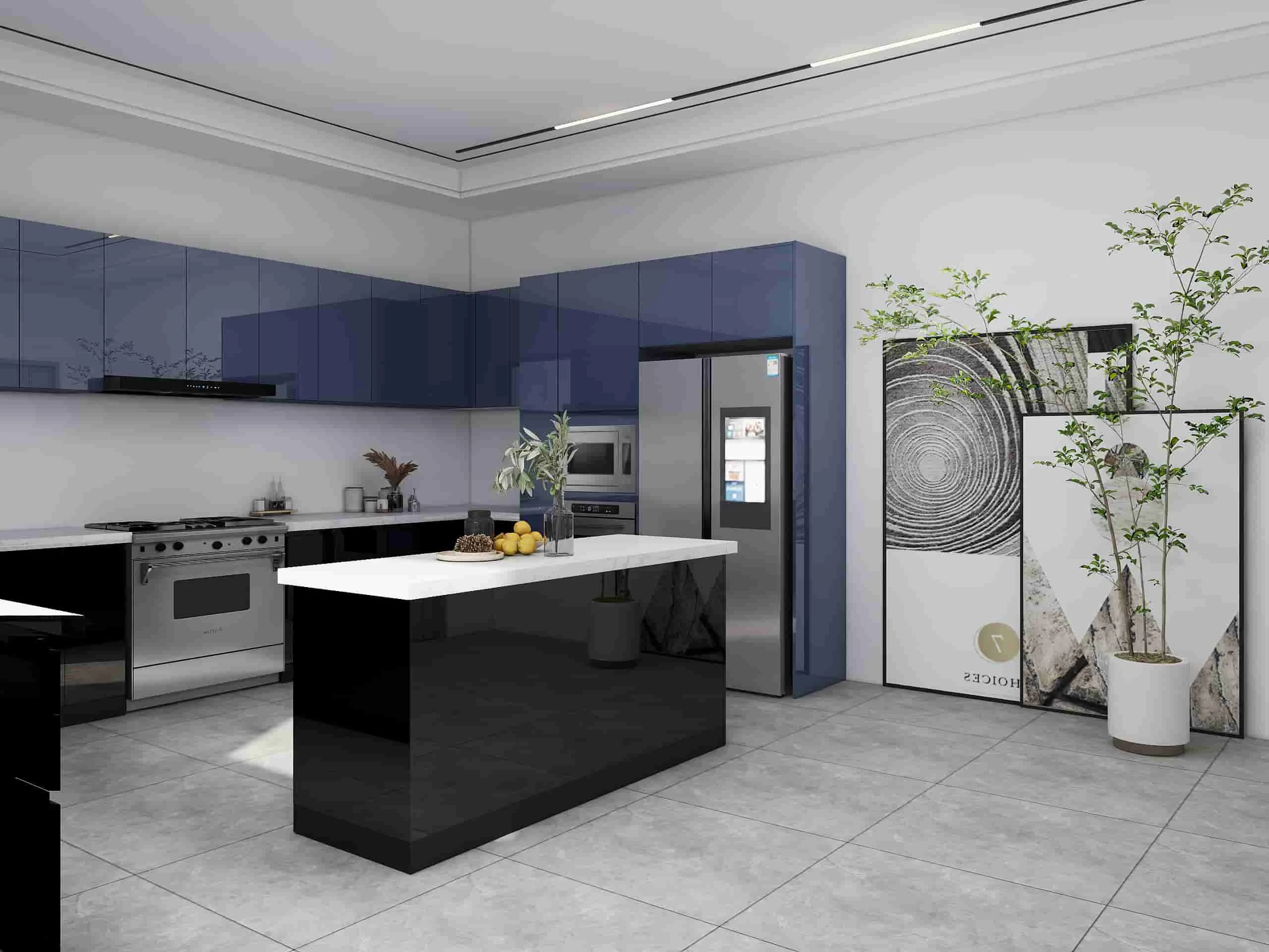 Elegance Reimagined: A Contemporary Kitchen Where Function Meets Style 3 Blue lacquer modern U-Shaped kitchen cabinets