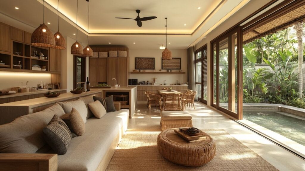 Luxury Bali villa renovation with custom wood cabinets, rattan furniture, open living space, and poolside view in Indonesia.
