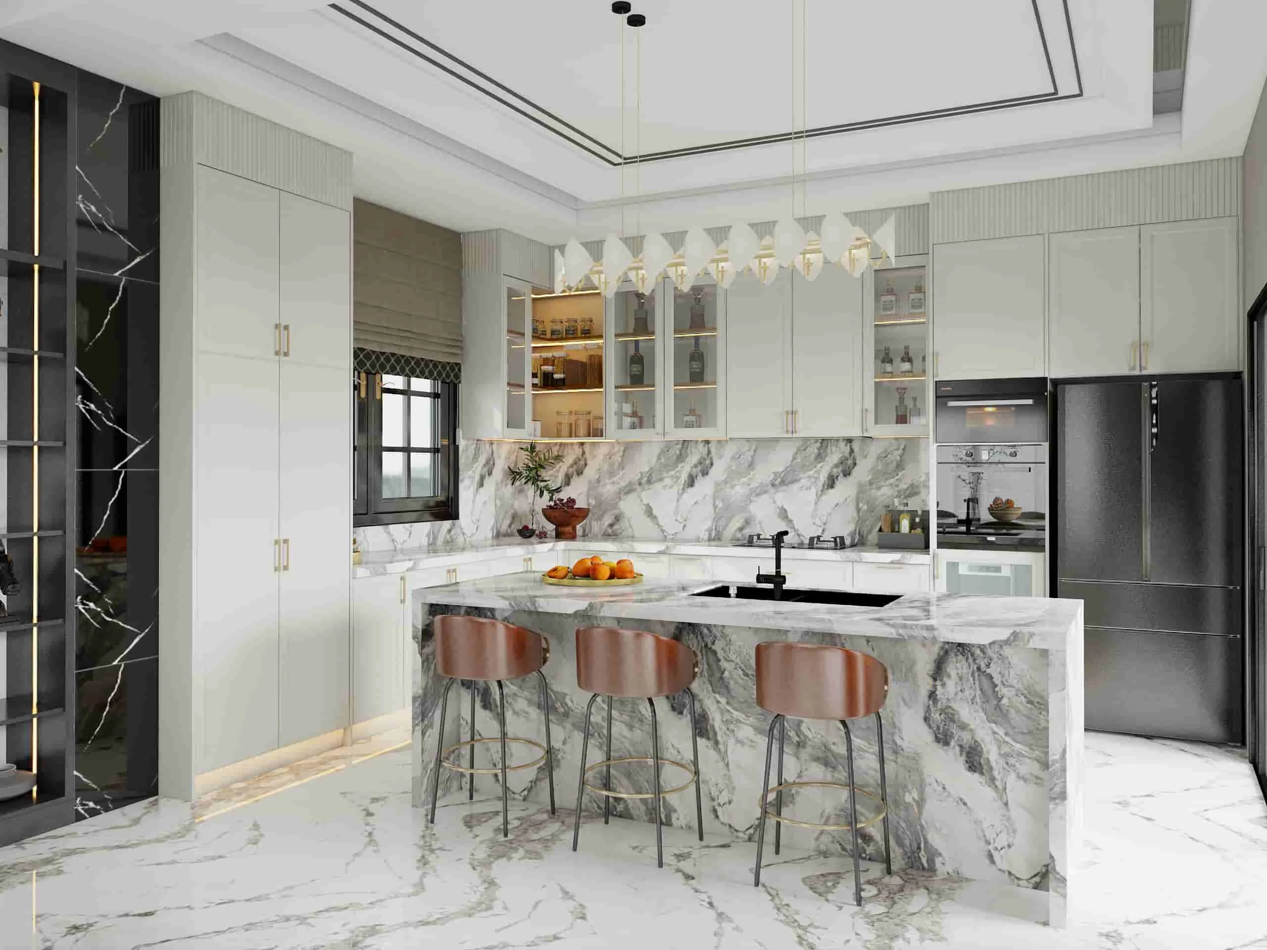Classic Charm Meets Modern Luxury: A Kitchen Where Functionality and Elegance Unite 4 Modern elegant marble accented lacquer kitchen cabinets featuring a waterfall island