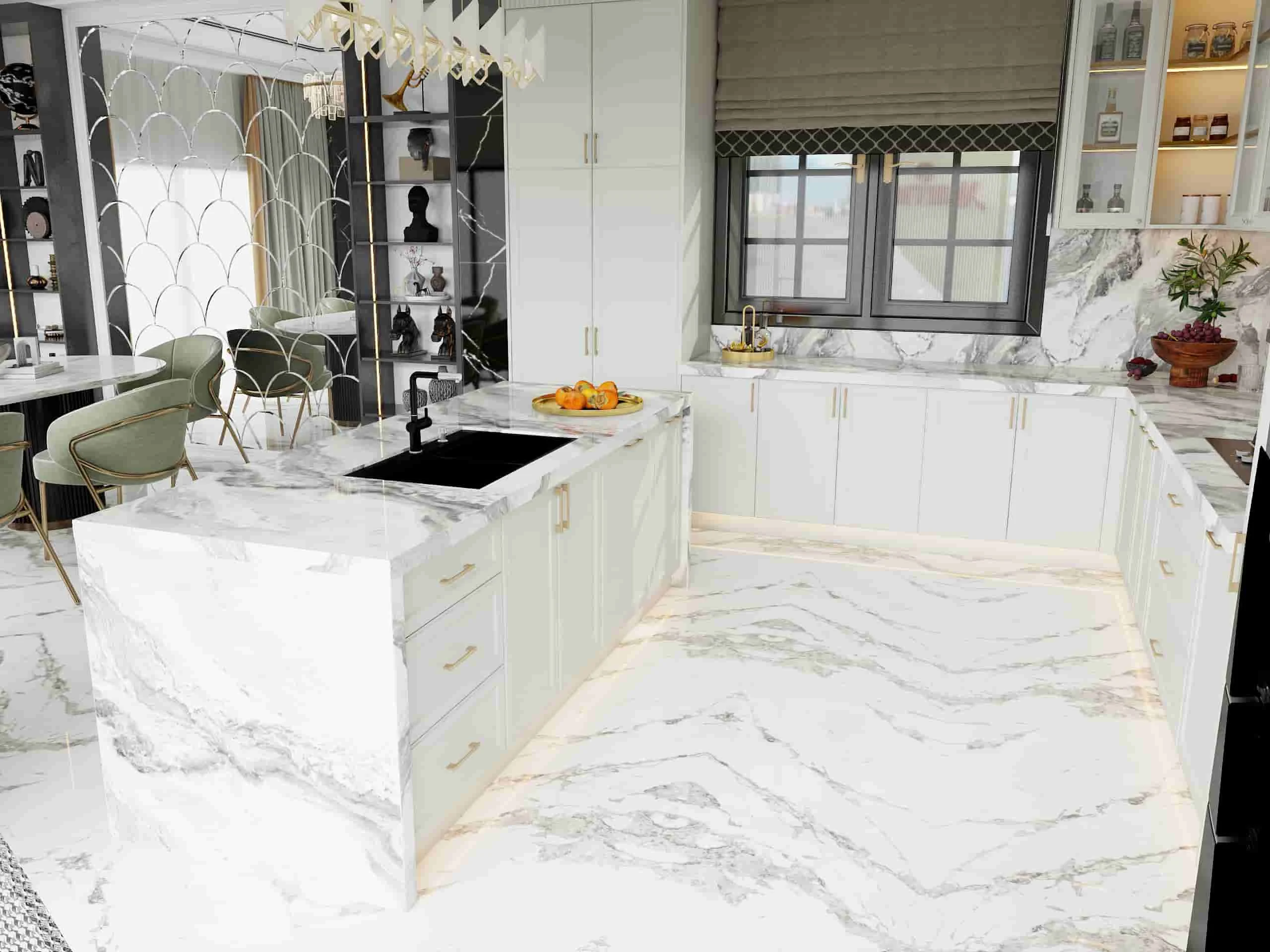 Classic Charm Meets Modern Luxury: A Kitchen Where Functionality and Elegance Unite 2 Modern elegant marble accented kitchen cabinets featuring a waterfall island