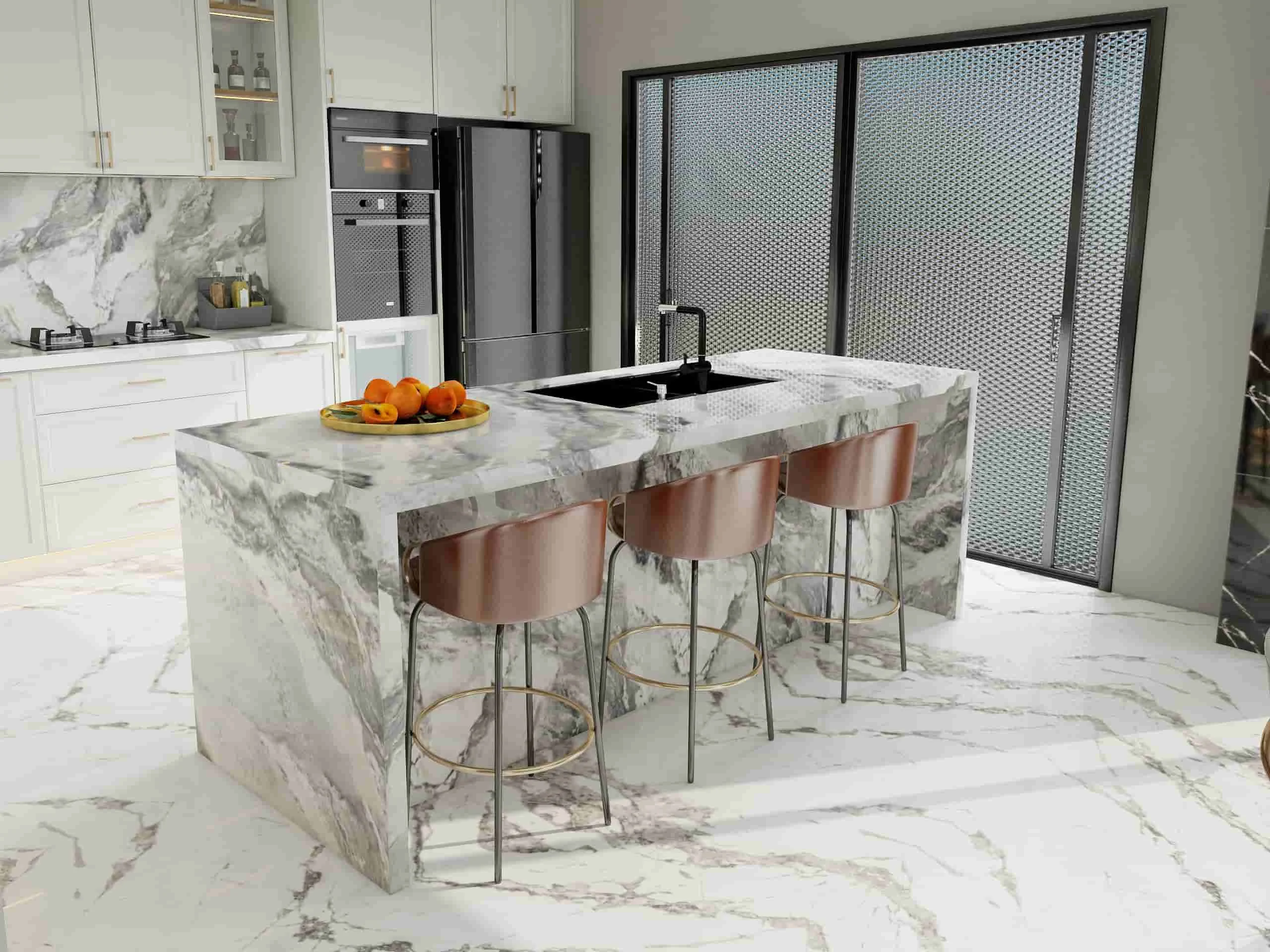 Classic Charm Meets Modern Luxury: A Kitchen Where Functionality and Elegance Unite 3 Modern elegant marble accented kitchen cabinets featuring a waterfall island