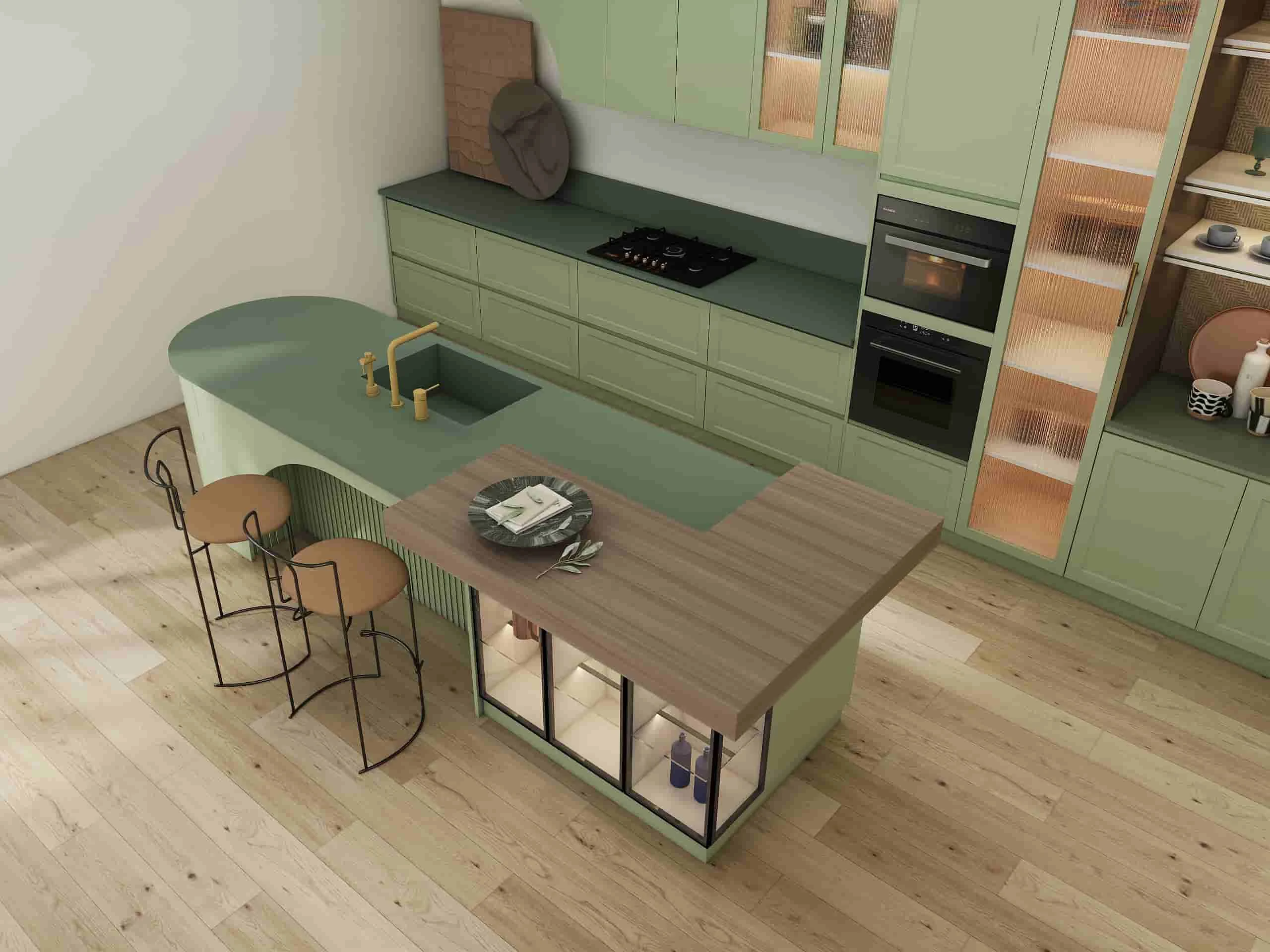 Modern Kitchen Cabinets Elegance in Refreshing Green 2 Modern elegance sage green lacquer kitchen cabinets, matte lacquer door and reeded glass door.