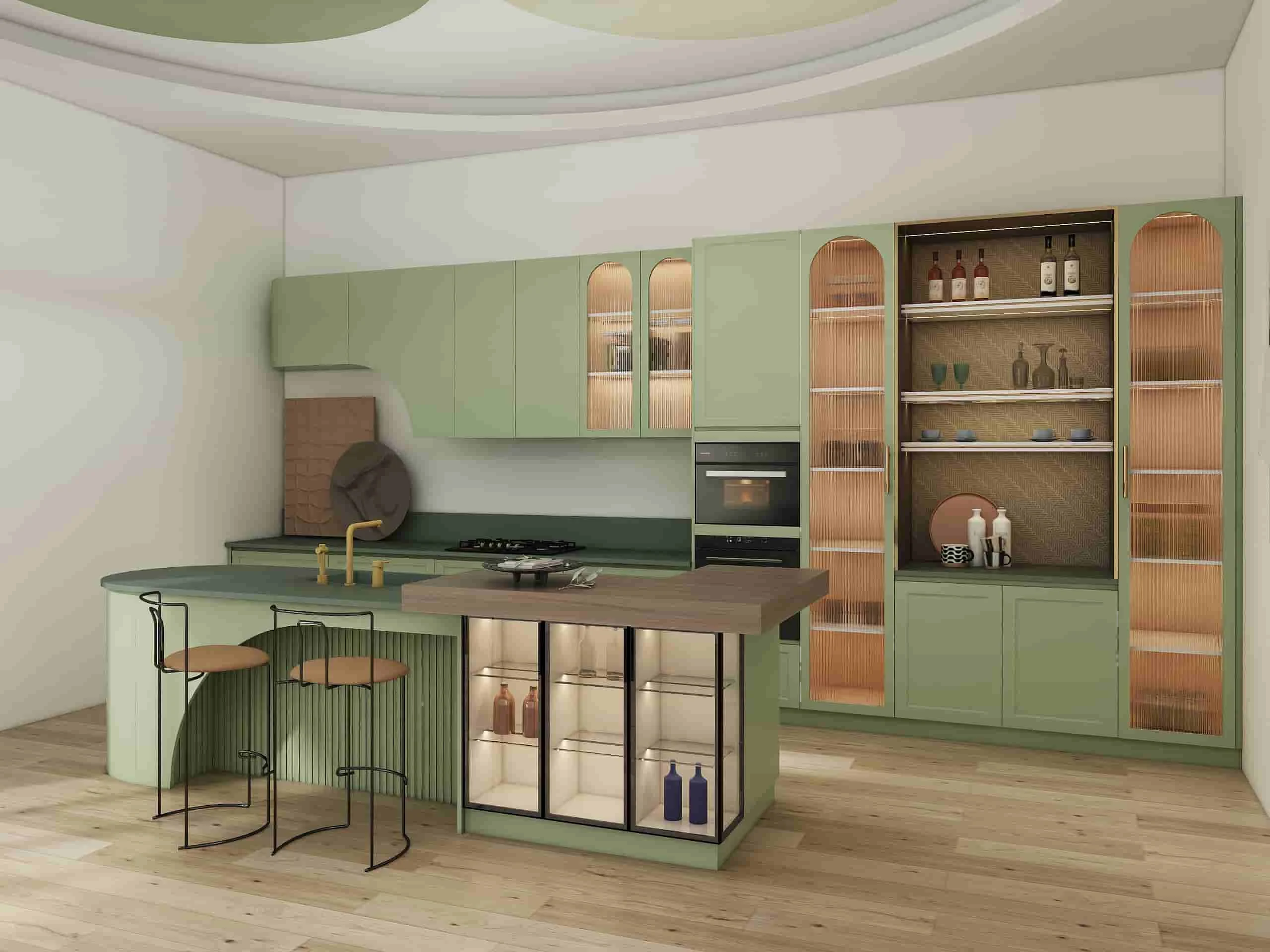 Modern Kitchen Cabinets Elegance in Refreshing Green 3 Modern elegance sage green lacquer kitchen cabinets, open shelves and island.