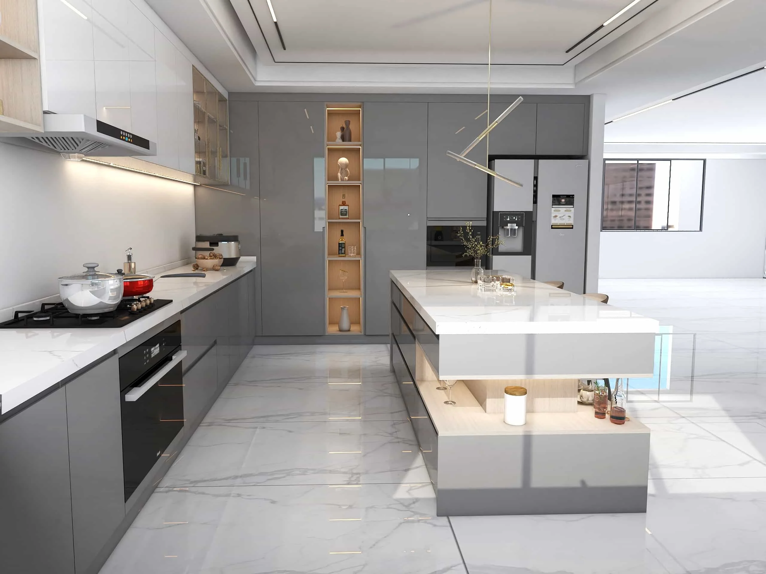 Modern Elegance in the Kitchen: A Symphony of Style and Practicality" 2 Modern two-tone grille U-Shaped kitchen cabinet