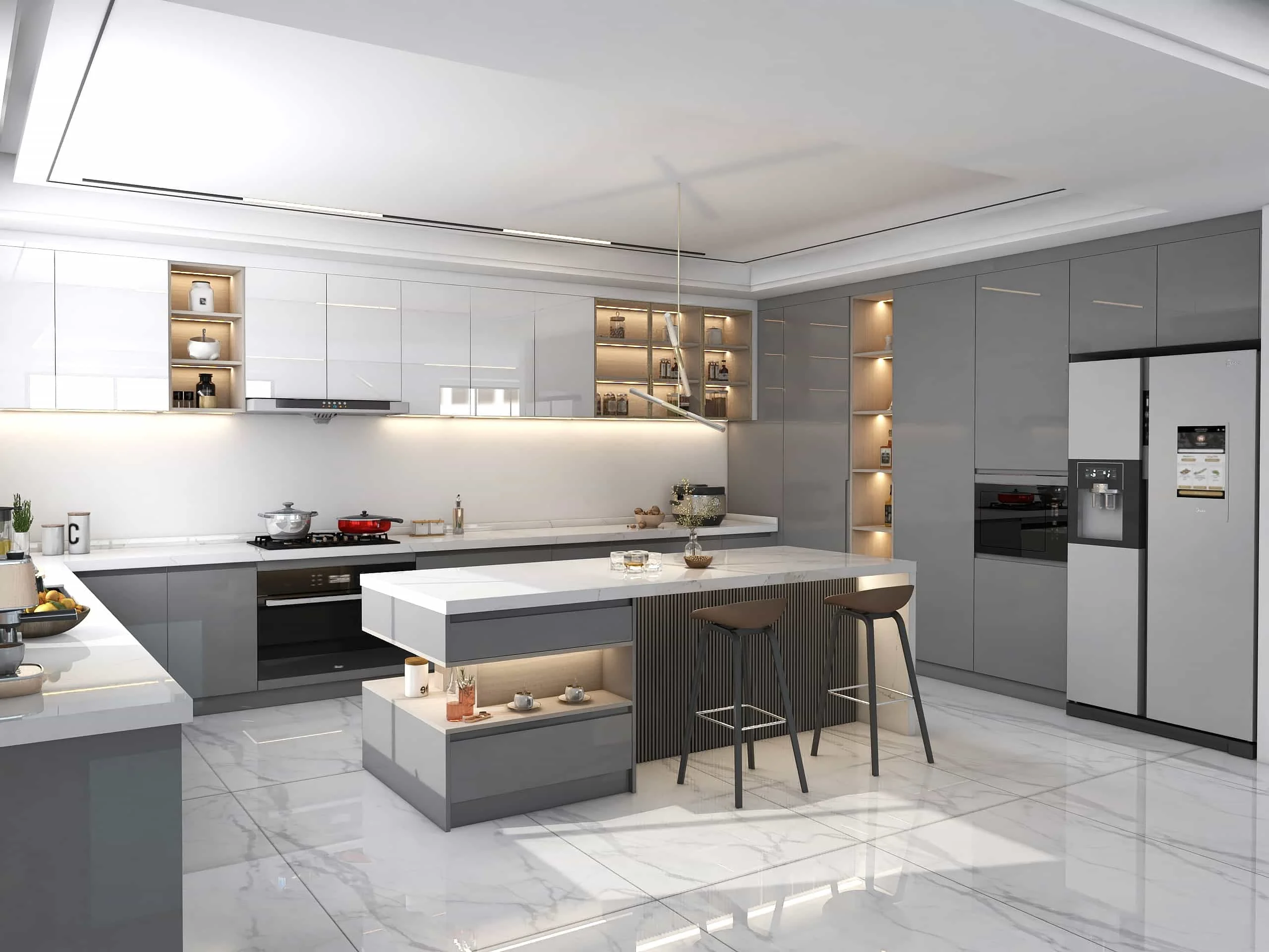 Modern Elegance in the Kitchen: A Symphony of Style and Practicality" 4 Modern two-tone grille U-Shaped kitchen cabinet