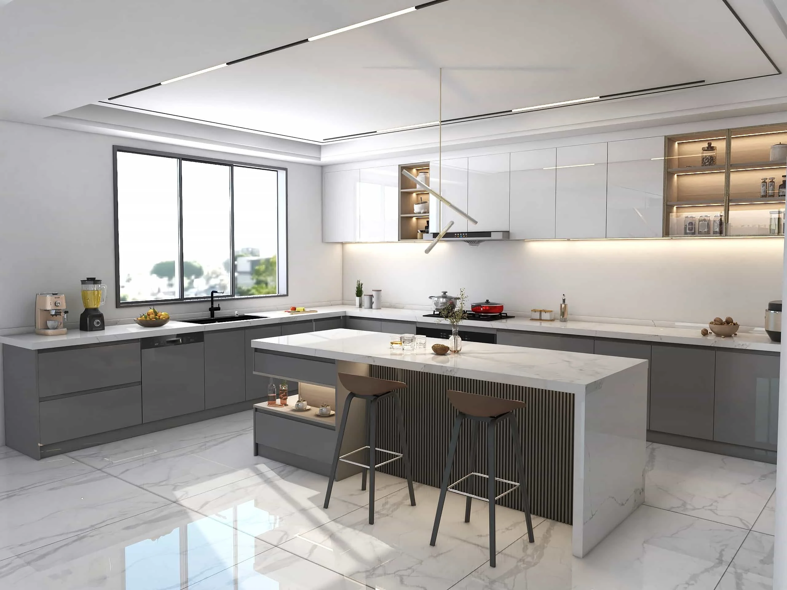 Modern Elegance in the Kitchen: A Symphony of Style and Practicality" 3 Modern two-tone grille U-Shaped kitchen cabinet