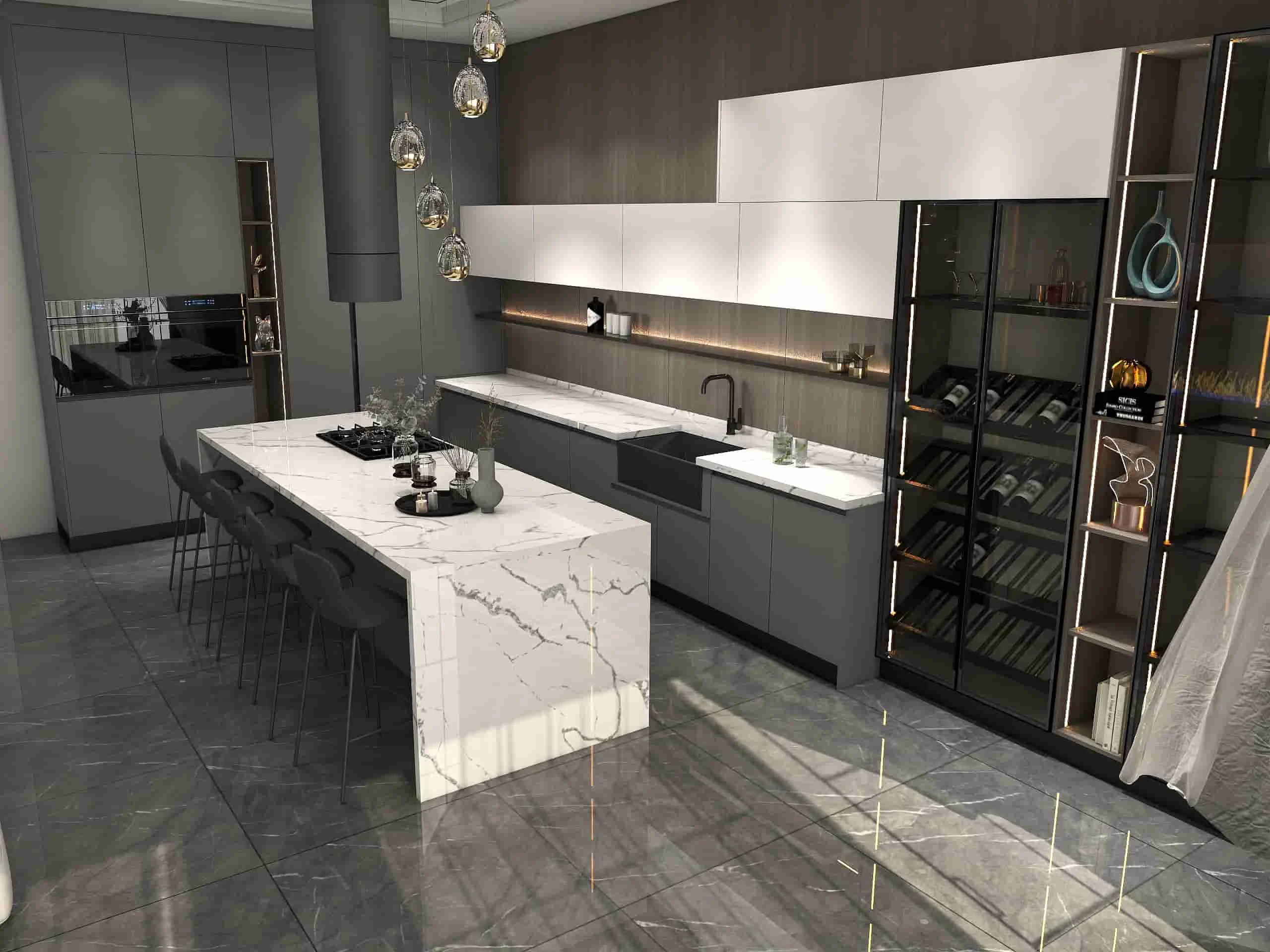 Streamlined Elegance: A Contemporary Kitchen Where Function Meets Fashion 2 Modern two tone kitchen with marble island