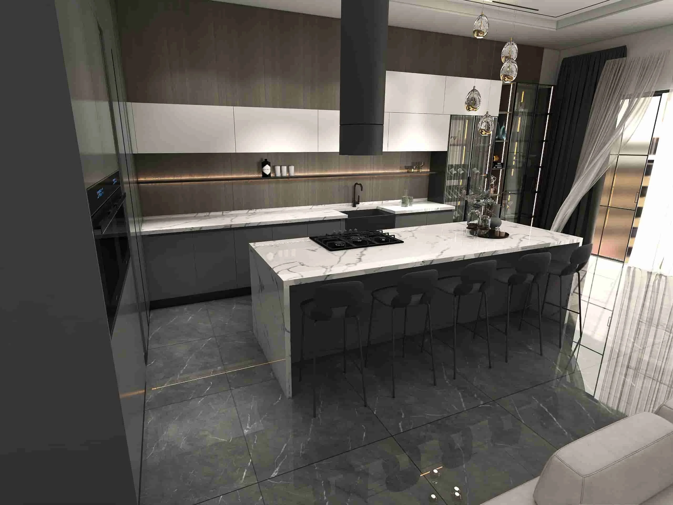Streamlined Elegance: A Contemporary Kitchen Where Function Meets Fashion 3 Modern two tone kitchen with marble island