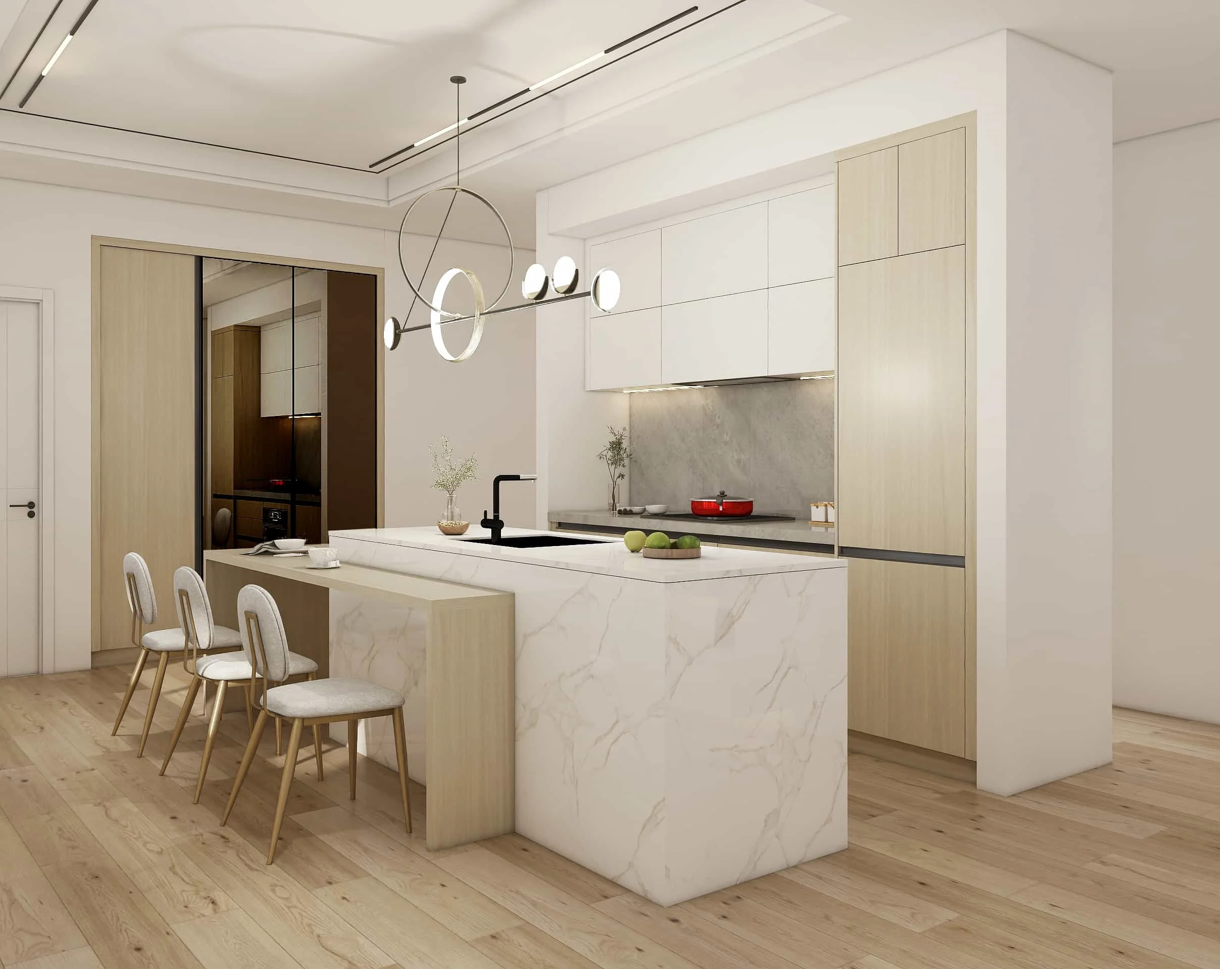 Renaissance Reimagined: A Fusion of Historic Charm and Contemporary Kitchen Luxury 4 Modern Two-tone Minimalist Small Kitchen Cabinets with White Marble Countertop Island