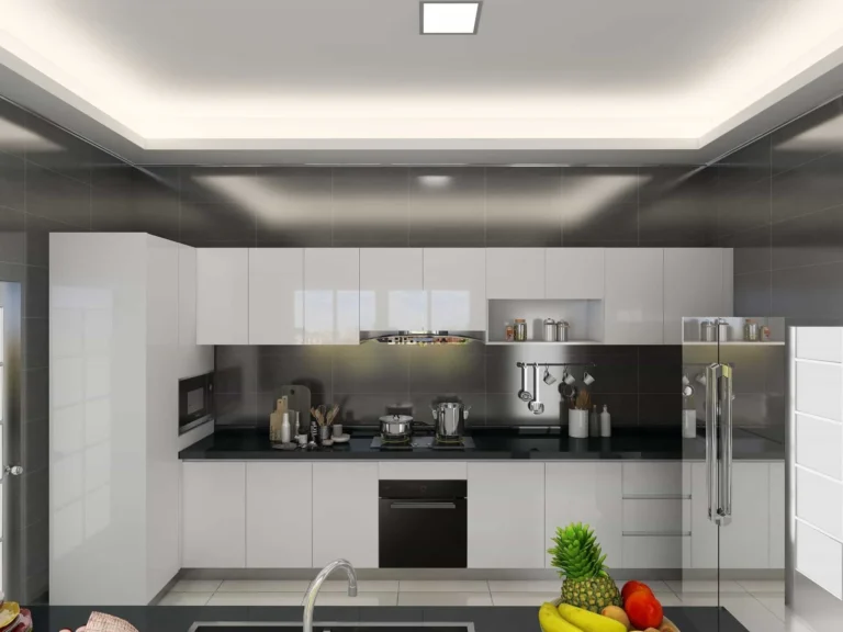 Gloss White Lacquer Kitchen Cabinets | Modern Custom Kitchen Cabinet Solutions 2 Modern white lacquer kitchen cabinets with black quartz countertop, glossy cabinet finish, and contemporary L-shaped kitchen layout.