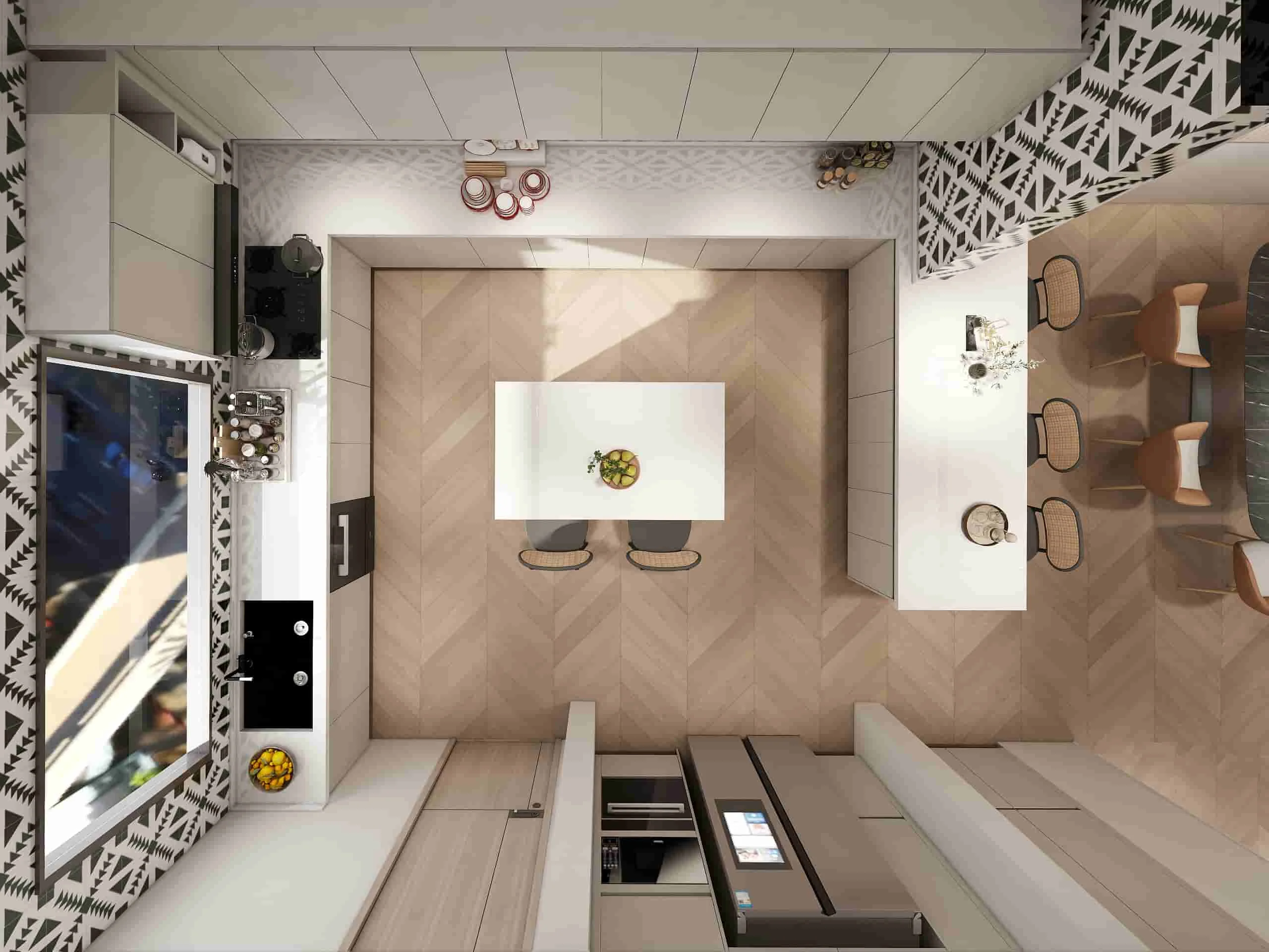Sleek and Sophisticated: A Contemporary Kitchen Where Function Meets Fashion 2 Modern white pattern U-shaped kitchen cabinets