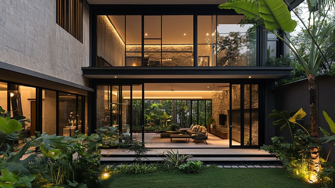 Fasad proyek premium Indonesia dengan pintu dan jendela besar dari paduan aluminium.