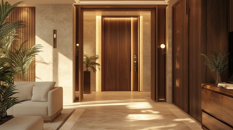 Modern interior door in an Indonesian luxury villa with warm wood finish and tropical design style.