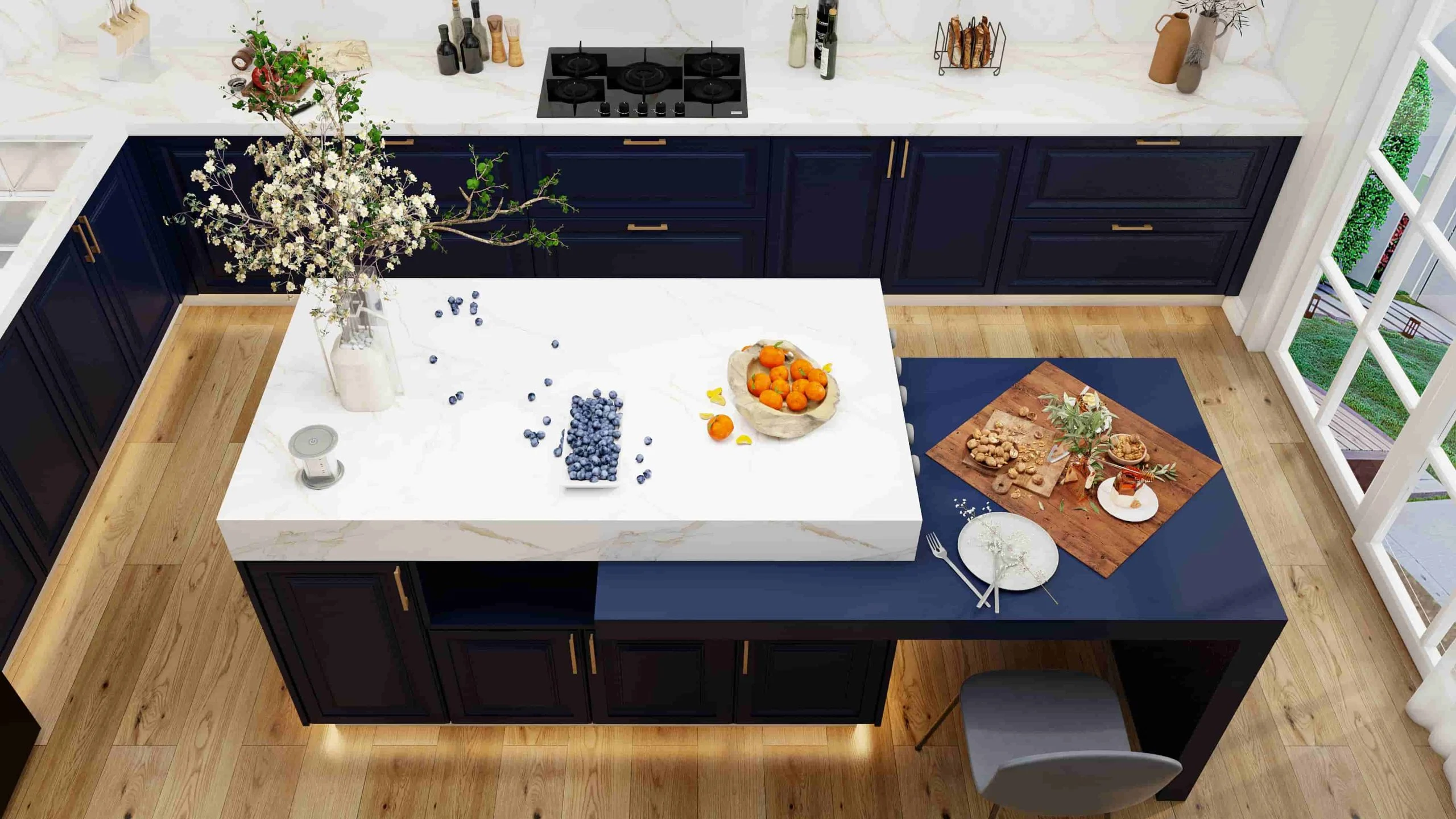 Classic Elegance Redefined: A Kitchen Where Time-Honored Style Meets Contemporary Living 5 Traditional blue lacquer shaker kitchen cabinets with glass door
