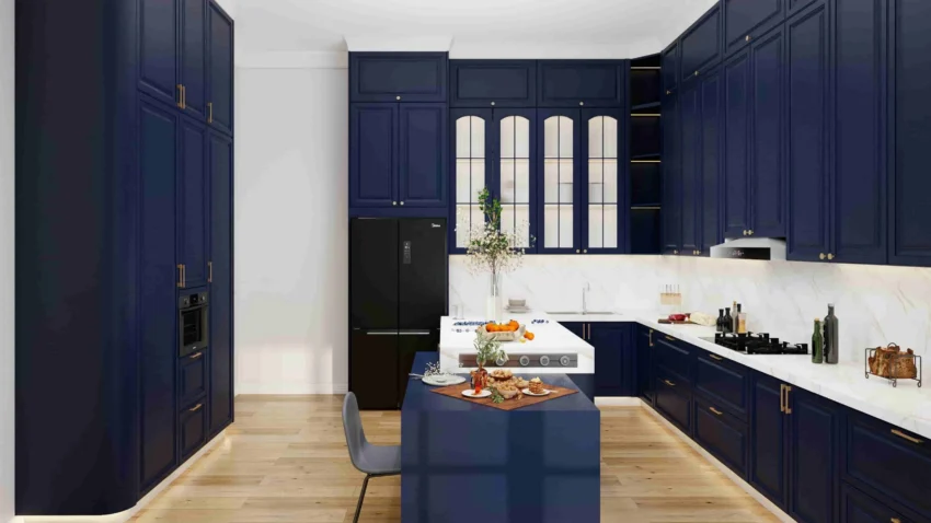 Classic Elegance Redefined: A Kitchen Where Time-Honored Style Meets Contemporary Living 4 Traditional blue lacquer shaker kitchen cabinets with glass door