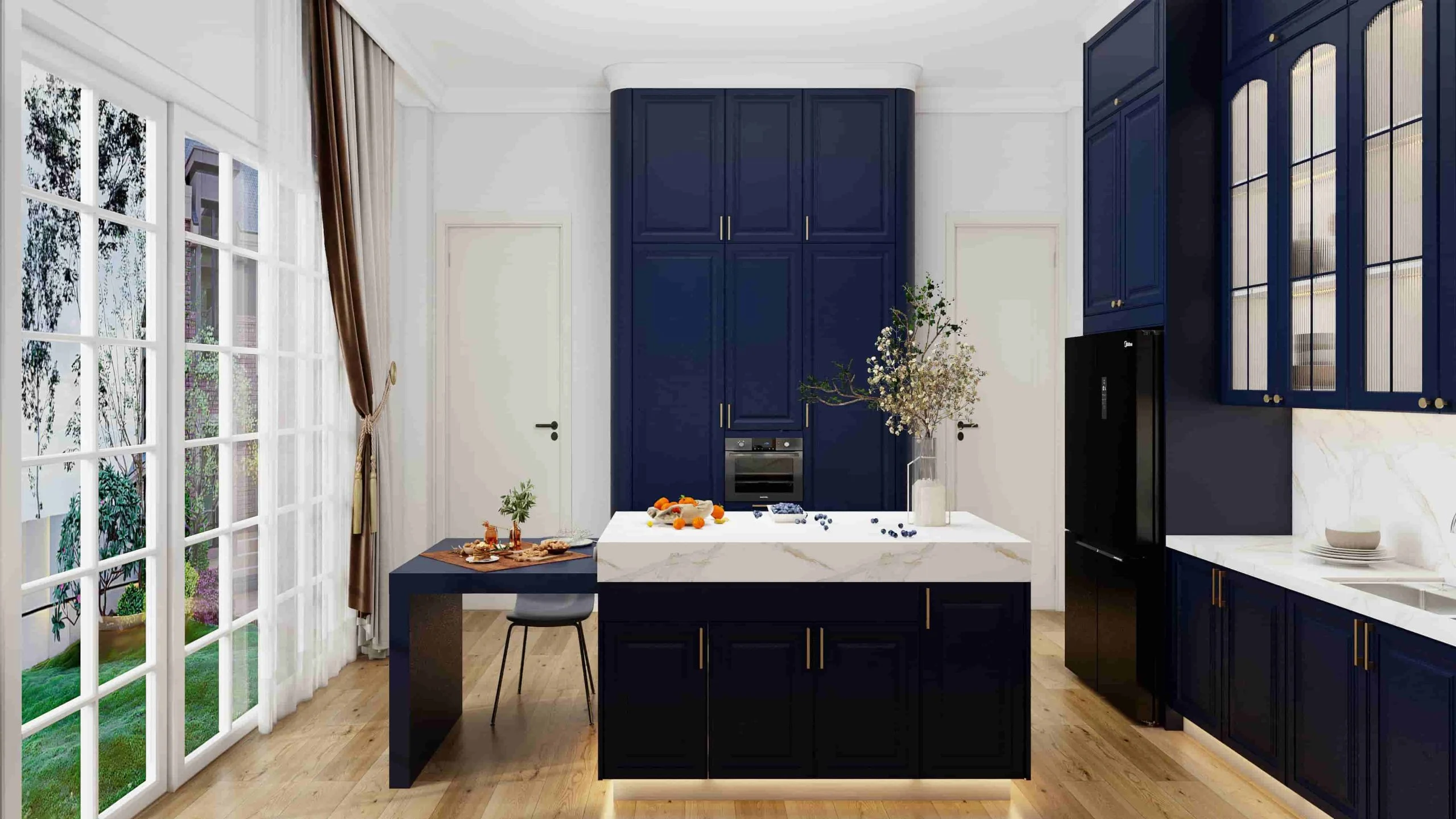 Classic Elegance Redefined: A Kitchen Where Time-Honored Style Meets Contemporary Living 2 Traditional blue lacquer shaker kitchen cabinets with glass door