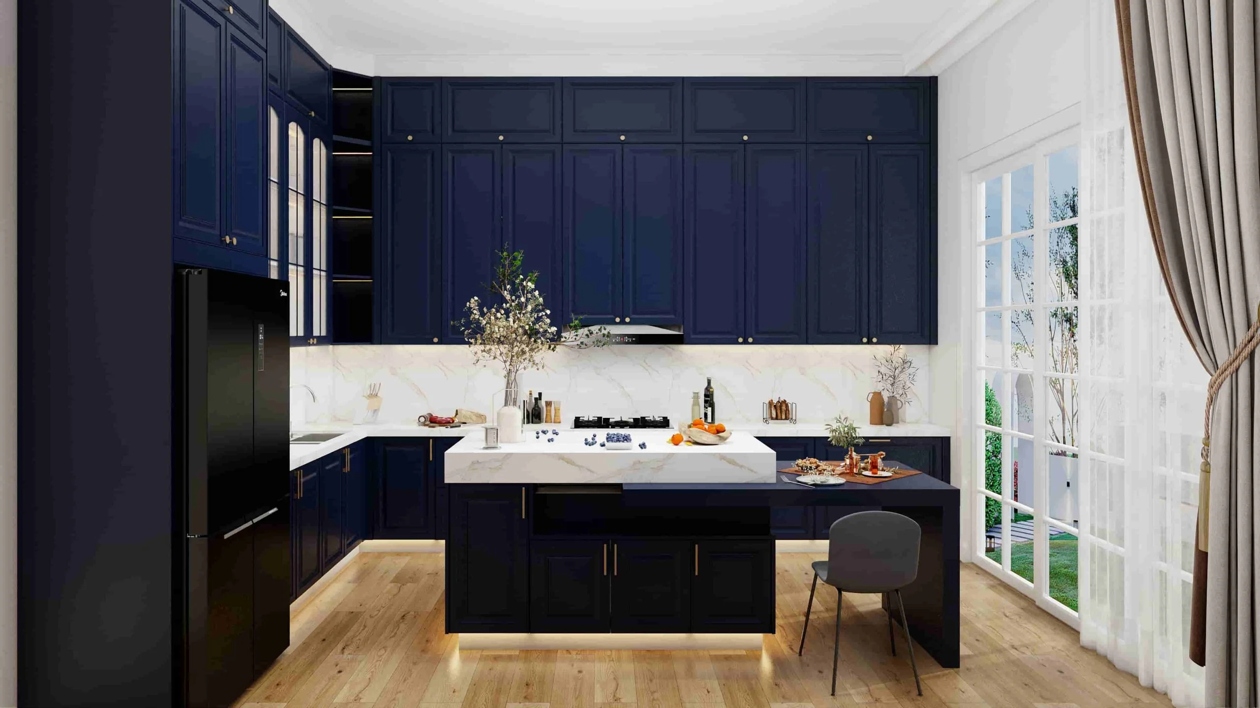 Classic Elegance Redefined: A Kitchen Where Time-Honored Style Meets Contemporary Living 3 Traditional blue lacquer shaker kitchen cabinets with glass door