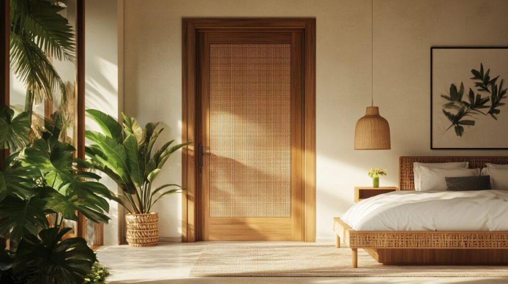 How to Choose the Best Material for Interior Doors in Indonesia 1 warm wood interior door in an Indonesian modern tropical bedroom with rattan furniture and indoor plants