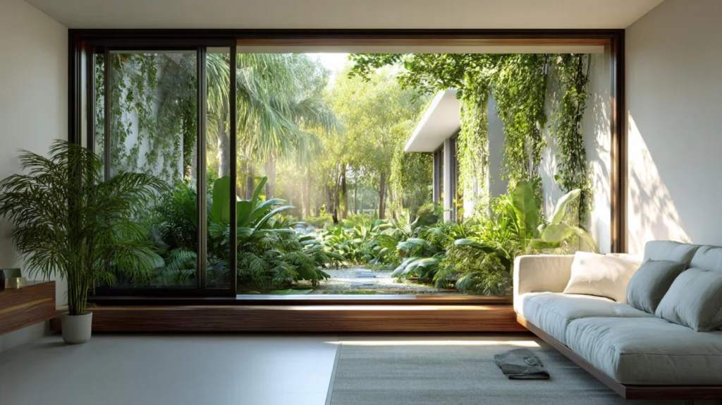 Modern aluminium sliding window design for tropical living room with large glass panels and garden view