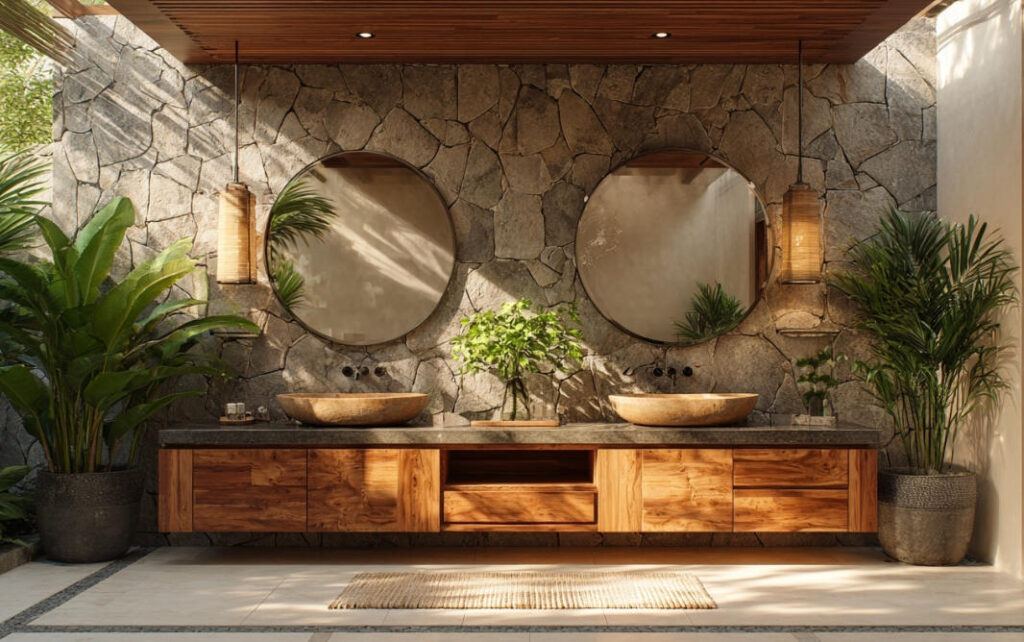 Top 10 Bathroom Vanity Suppliers in Indonesia(2026) 15 Luxury teak bathroom vanity in a Bali resort style bathroom with double sinks and tropical plants
