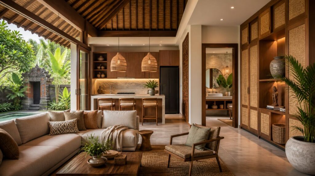 Who is the Best Villa Renovation Supplier in Indonesia? 1 Tropical Indonesian villa renovation interior with custom kitchen cabinets, built-in storage, bathroom vanity, wall panels, rattan accents, and lush greenery.