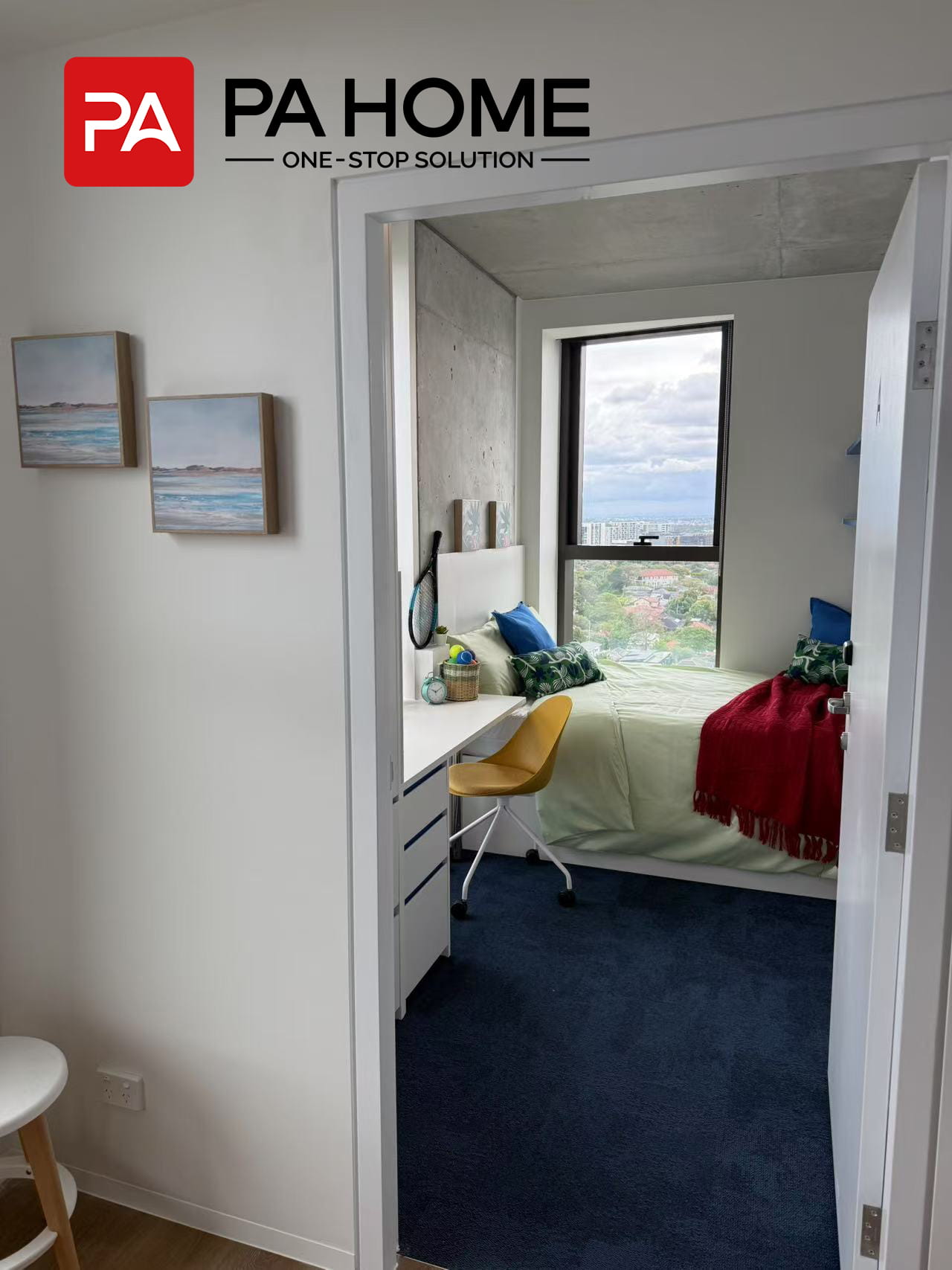 Custom Furniture & Cabinetry for 308-Unit Student Apartment Project in Sydney 2 Aluminum awning window providing shade and ventilation in a Sydney student apartment with study desk.
