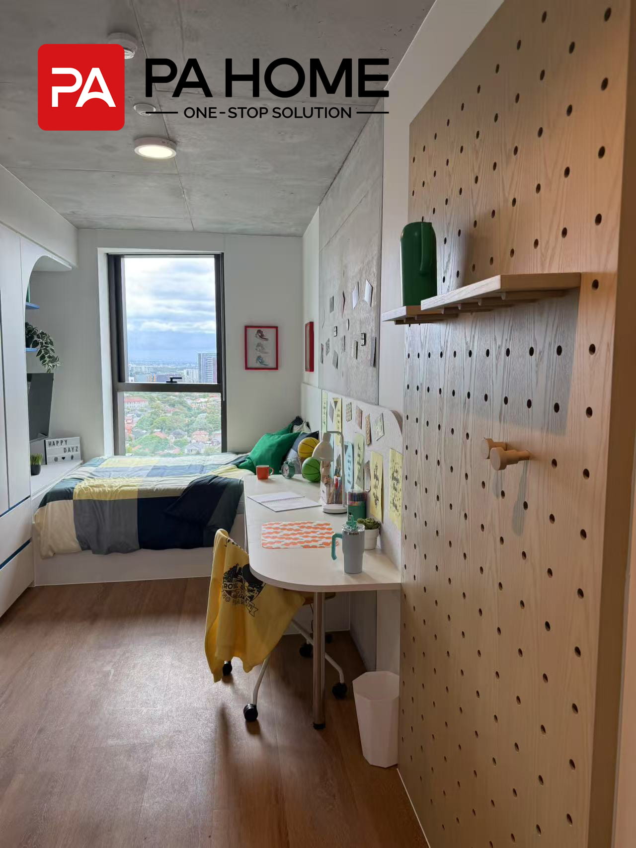 Custom Furniture & Cabinetry for 308-Unit Student Apartment Project in Sydney 7 Custom bedroom wardrobe in a student apartment in Sydney with a light wood tone pegboard and open storage.