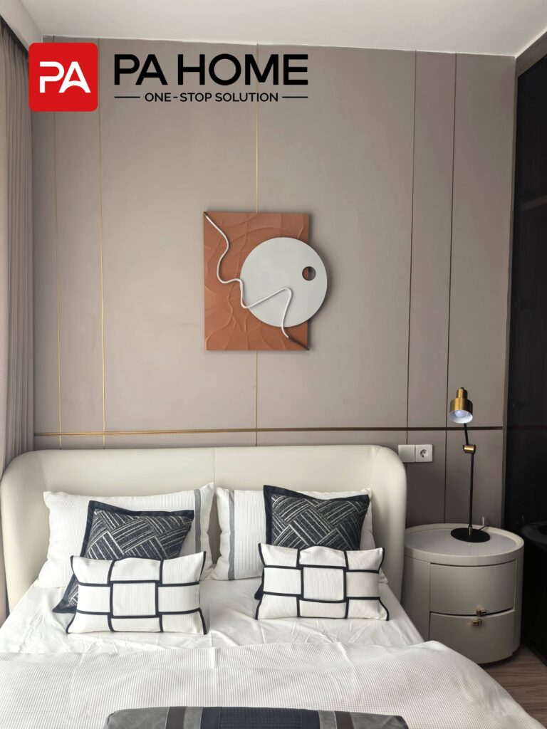 Elegant Tangerang Whole House Custom Interior Project 2 Tangerang bedroom with custom decorative wall panel, neutral tones, and modern bedside storage.