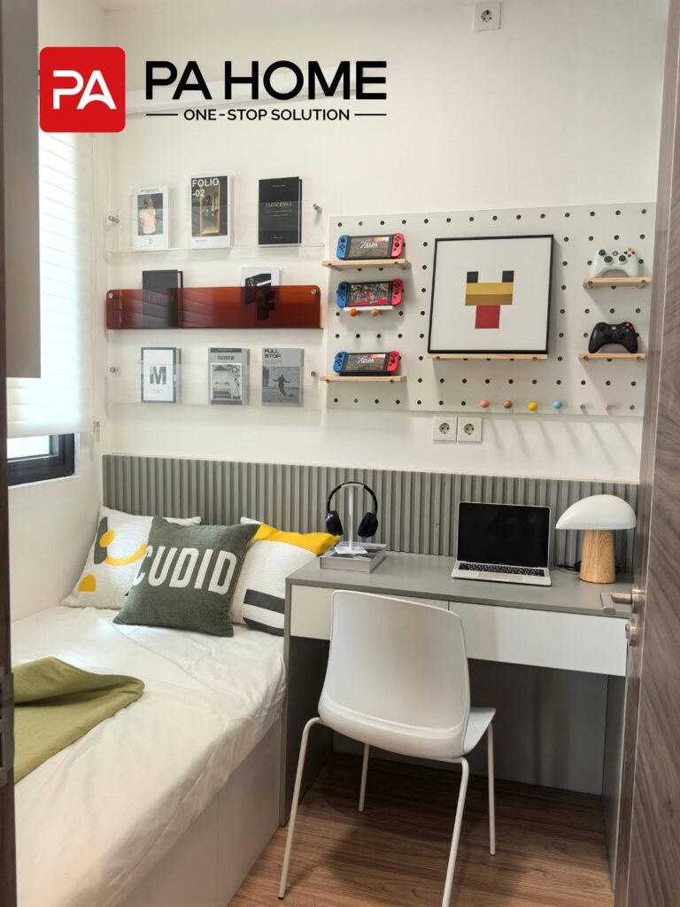 Elegant Tangerang Whole House Custom Interior Project 6 Compact bedroom in Tangerang with custom desk, wall panel storage, shelves, and study area.
